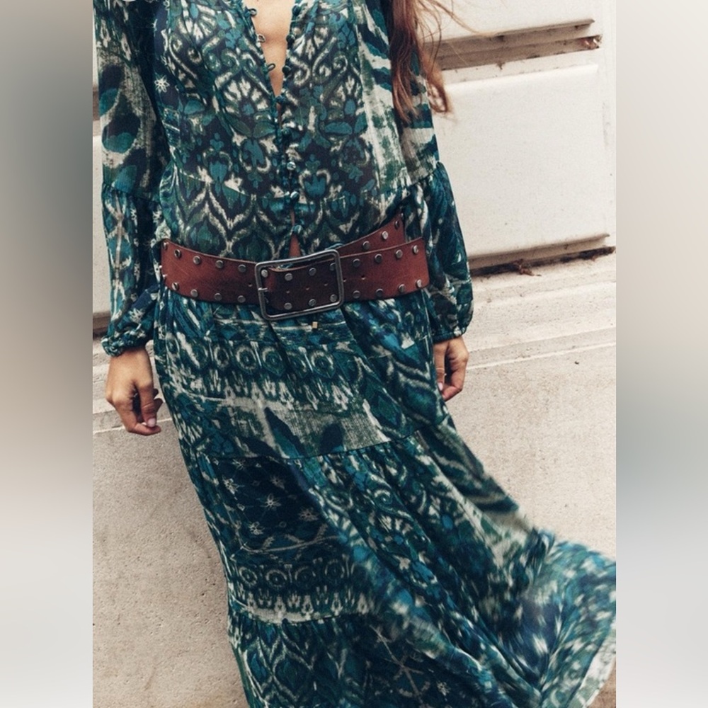 Zara Boho Indie teal & navy blue patterned tiered midi skirt Women's Size‎ S